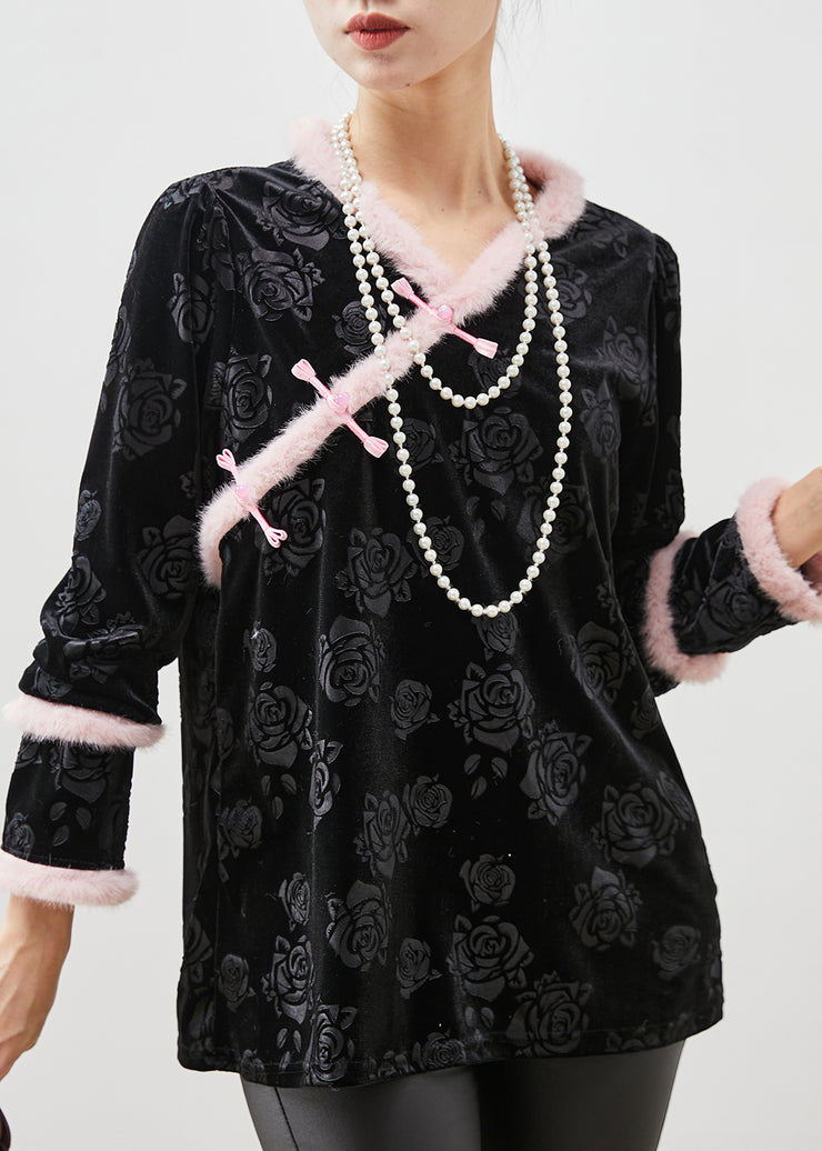 Vintage Black Jacquard Patchwork Oriental Silk Velour Shirt Tops Spring