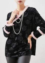 Vintage Black Jacquard Patchwork Oriental Silk Velour Shirt Tops Spring