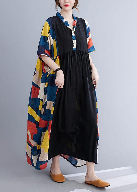 Vintage Black Loose Ruffles Pockets Patchwork Summer Dress Half Sleeve - SooLinen