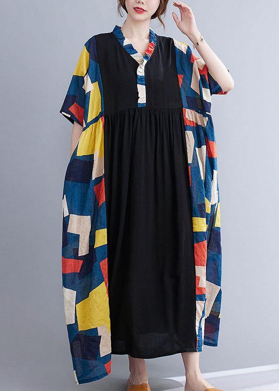 Vintage Black Loose Ruffles Pockets Patchwork Summer Dress Half Sleeve - SooLinen
