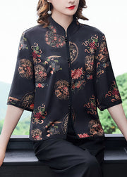 Vintage Black Mandarin Collar Button Print Silk Shirt Tops Half Sleeve
