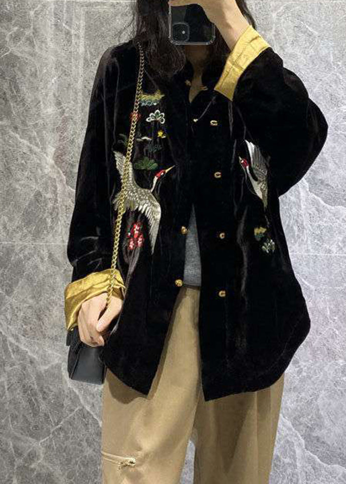 Vintage Black Mandarin Collar Embroidered Velour Coats Long Sleeve