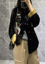 Vintage Black Mandarin Collar Embroidered Velour Coats Long Sleeve