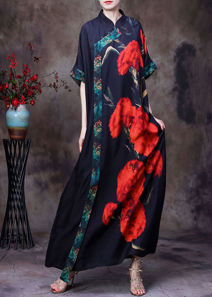 Vintage schwarze Stehkragen Blumendruck Seide langes Kleid für Wemon Kurzarm
