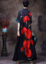Vintage Black Mandarin Collar Floral Print Silk Long Dress For Wemon Short Sleeve