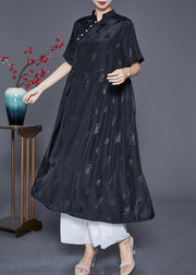 Vintage Black Mandarin Collar Jacquard Exra Large Hem Silk Dresses Summer