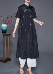 Vintage Black Mandarin Collar Jacquard Exra Large Hem Silk Dresses Summer