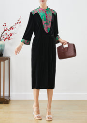 Vintage Black Mandarin Collar Patchwork Silk Velour Dresses Fall
