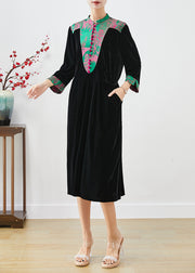 Vintage Black Mandarin Collar Patchwork Silk Velour Dresses Fall