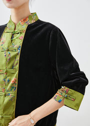 Vintage Black Mandarin Collar Patchwork Silk Velour Fake Two Piece Coats Fall