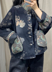 Vintage Black Mandarin Collar Print Fine Cotton Filled Witner Coat