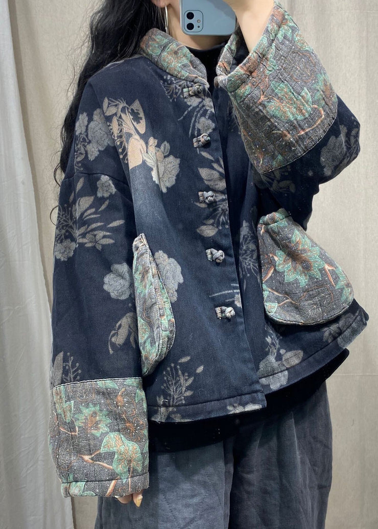 Vintage Black Mandarin Collar Print Fine Cotton Filled Witner Coat