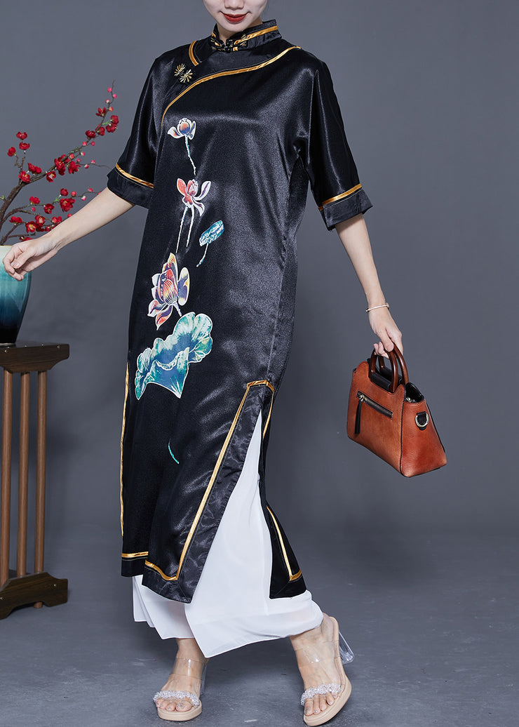 Vintage Black Mandarin Collar Print Side Open Silk Chinese Style Dress Summer