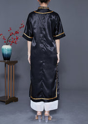 Vintage Black Mandarin Collar Print Side Open Silk Chinese Style Dress Summer