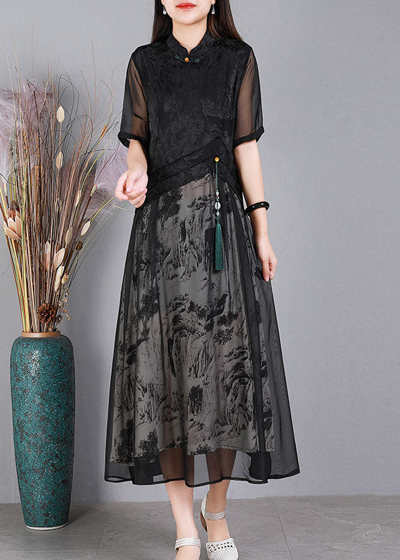 Vintage Black Mandarin Collar Print Tulle Patchwork Silk Long Dresses Short Sleeve