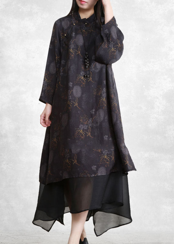 Vintage schwarz Stehkragen Tüll Patchwork Fake zweiteiliges Kleid mit langen Ärmeln