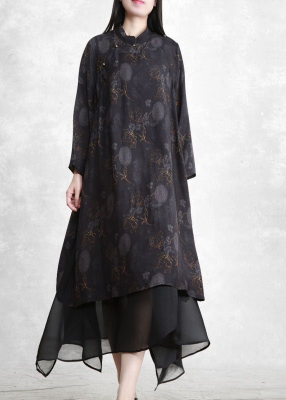 Vintage schwarz Stehkragen Tüll Patchwork Fake zweiteiliges Kleid mit langen Ärmeln