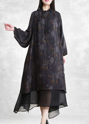 Vintage Black Mandarin Collar Tulle Patchwork Fake Two Piece Dress Long Sleeve