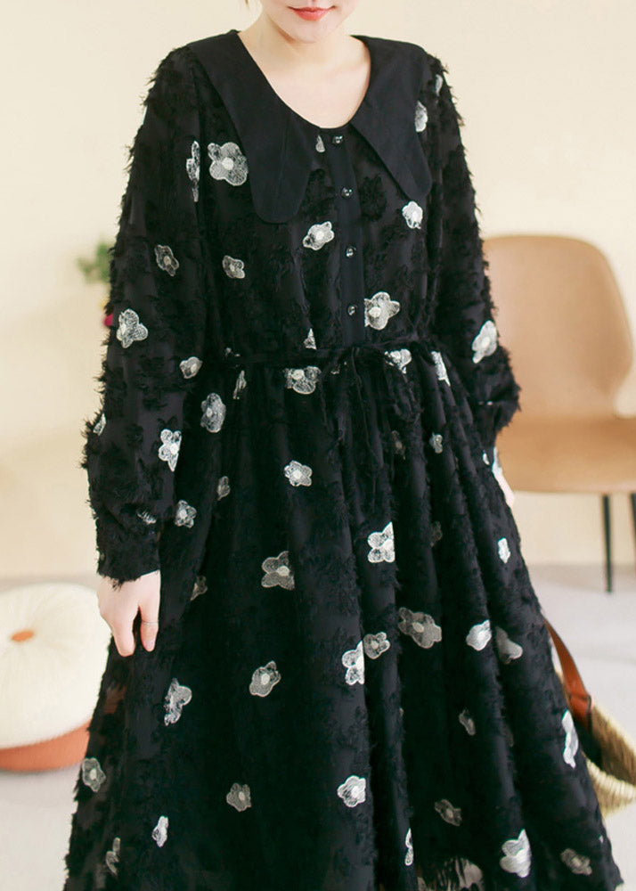 Vintage Black O-Neck Embroidered Floral Patchwork Cotton Long Dress Spring