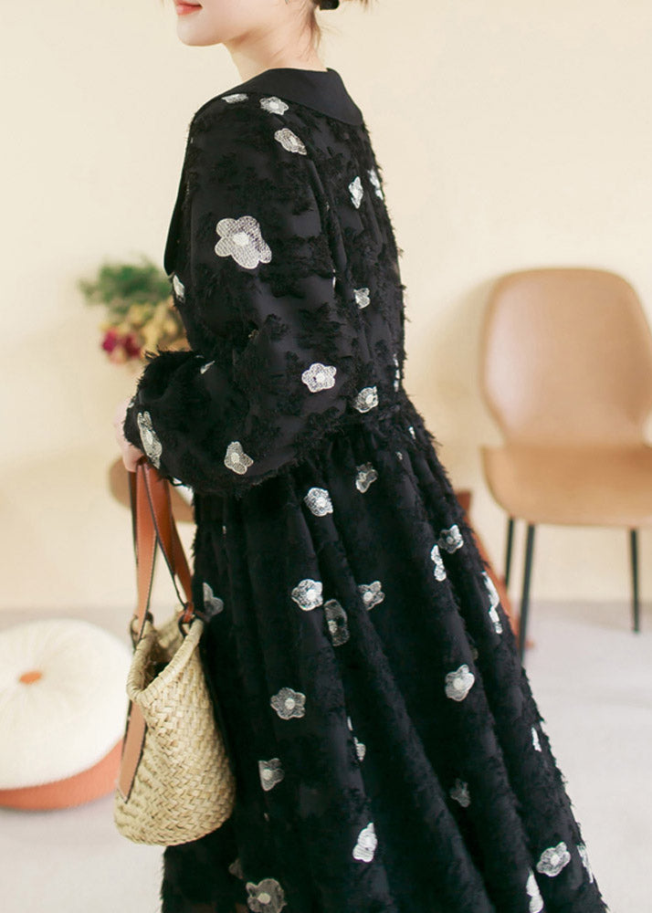 Vintage Black O-Neck Embroidered Floral Patchwork Cotton Long Dress Spring