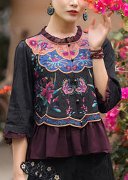 Vintage Black O-Neck Embroidered Floral Ruffled Chiffon Tops Long Sleeve