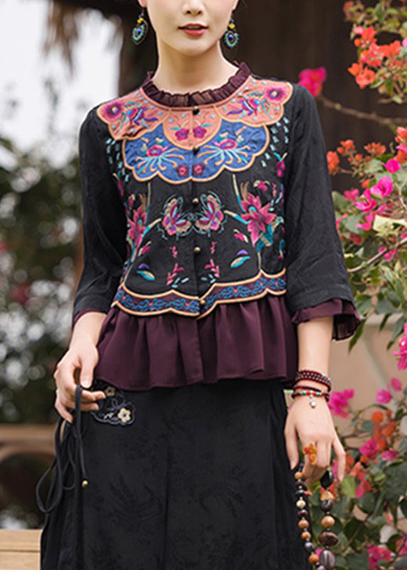 Vintage Black O-Neck Embroidered Floral Ruffled Chiffon Tops Long Sleeve