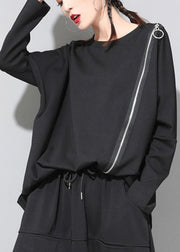 Vintage Black O-Neck Patchwork Asymmetrical Design zippered Fall Long Sleeve Top