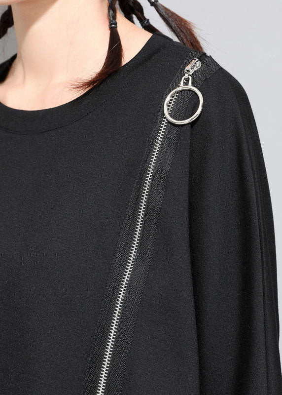 Vintage Black O-Neck Patchwork Asymmetrical Design zippered Fall Long Sleeve Top