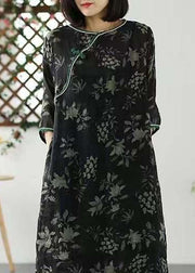 Vintage Black O Neck Patchwork Long Linen Dresses Summer