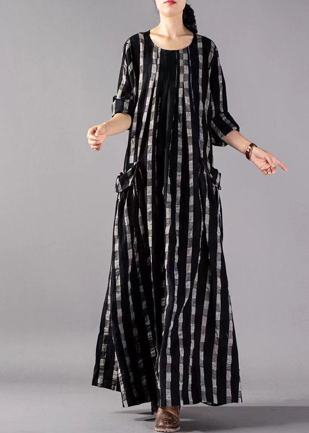 Vintage Black O-Neck Plaid Print Cotton Long Dresses Long Sleeve