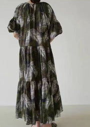 Vintage Black O-Neck Print Long Dress Short Sleeve