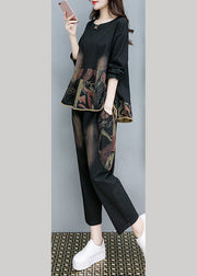 Vintage Black O-Neck Print Top And Pants Two Pieces Set Fall