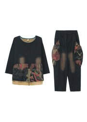 Vintage Black O-Neck Print Top And Pants Two Pieces Set Fall