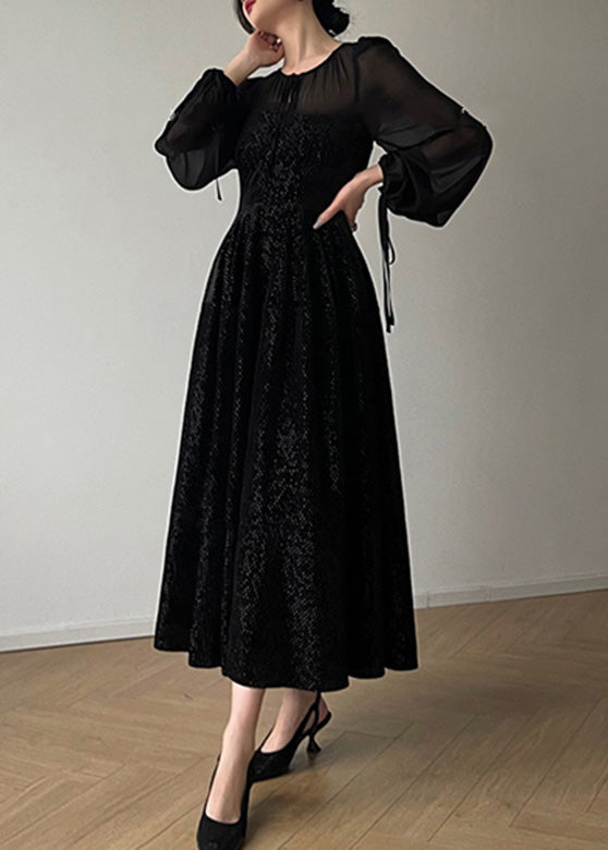 Vintage Black O-Neck Tulle Drawstring Patchwork Velour Long Dresses Long Sleeve