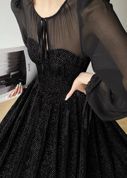 Vintage Black O-Neck Tulle Drawstring Patchwork Velour Long Dresses Long Sleeve
