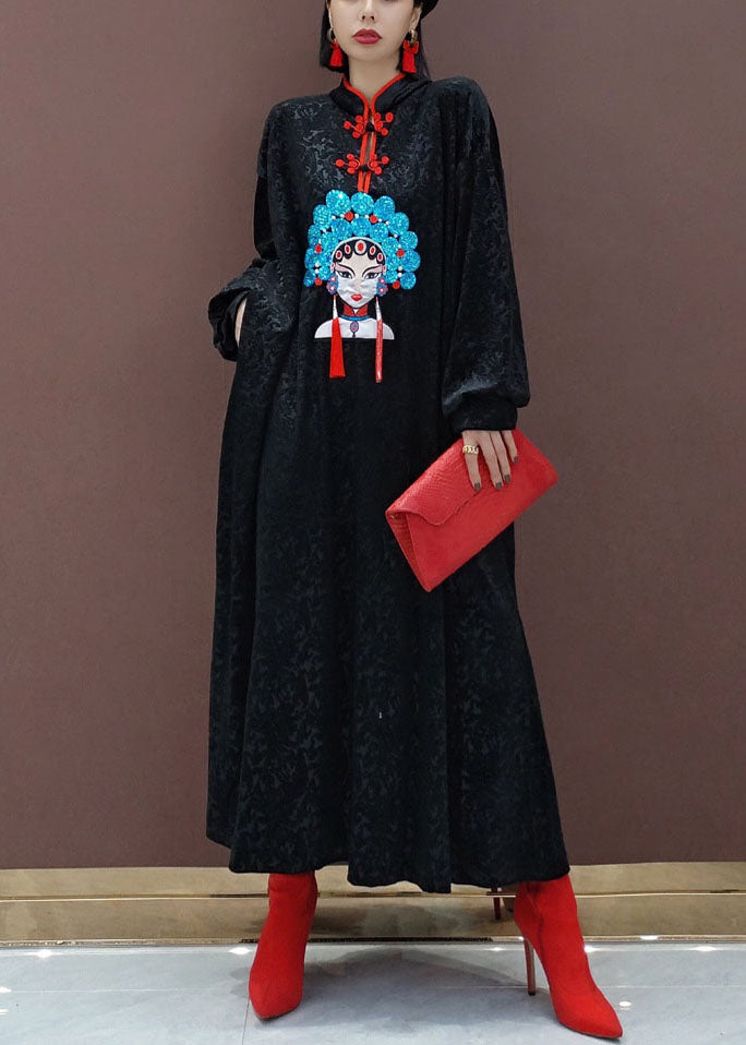 Vintage Black Oriental Velour Long Dresses Spring