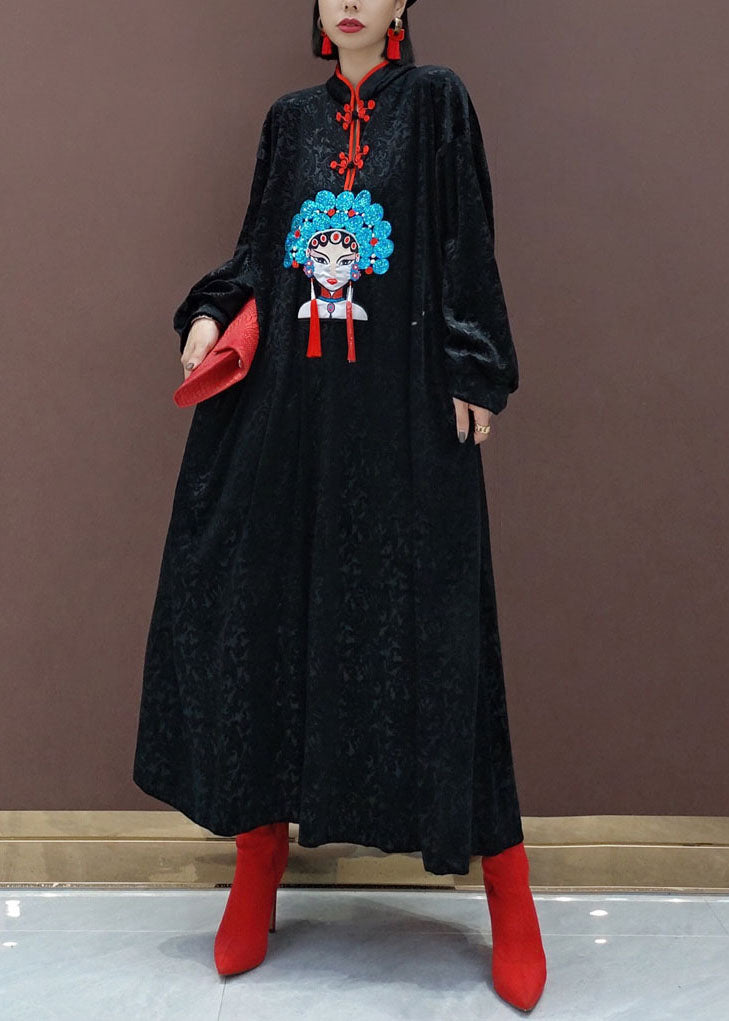 Vintage Black Oriental Velour Long Dresses Spring