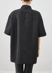 Vintage Black Oversized Chinese Style Cotton Shirt Short Sleeve