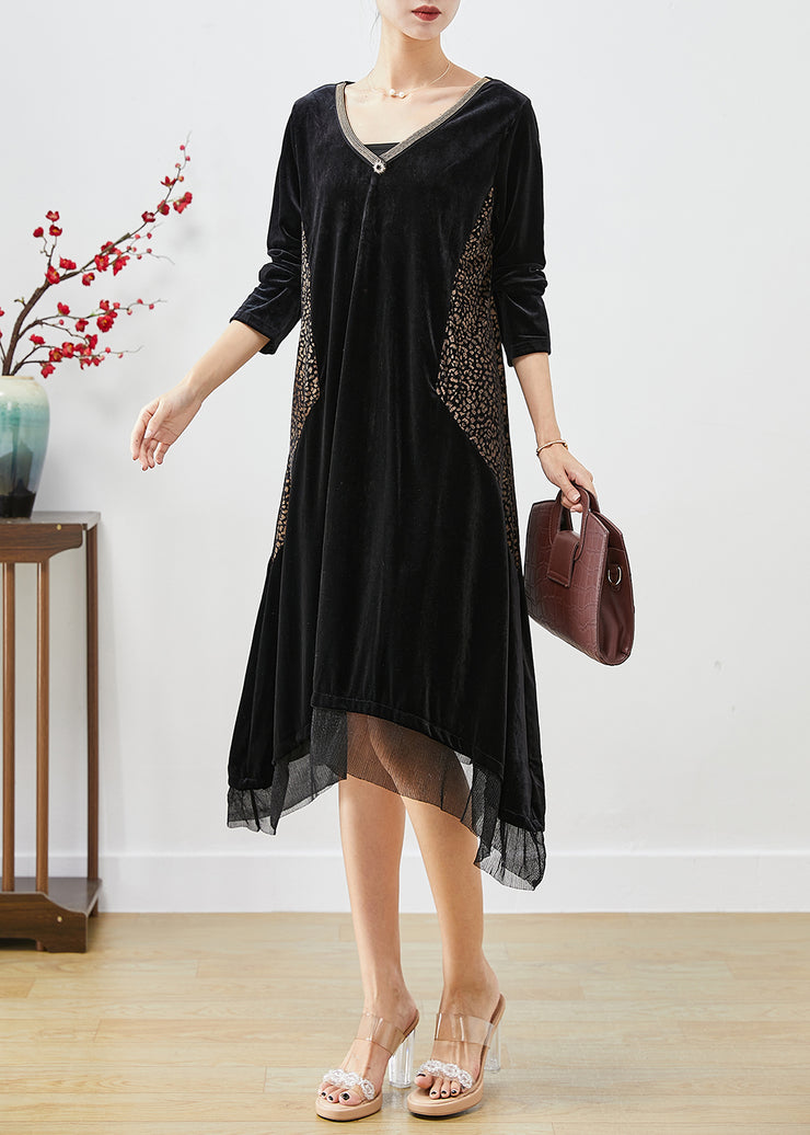 Vintage Black Oversized Patchwork Silk Velour Maxi Dresses Fall