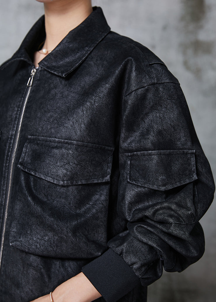 Vintage Black Oversized Pockets Faux Leather Jacket Spring