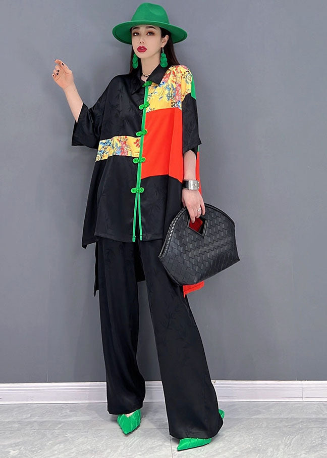 Vintage Black Patchwork Low High Design Jacquard Silk Two Pieces Set Summer