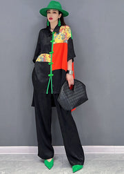 Vintage Black Patchwork Low High Design Jacquard Silk Two Pieces Set Summer