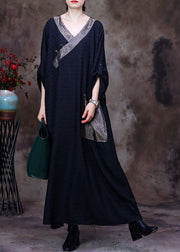 Vintage Black Patchwork Pocket Wrinkled Oriental Button Silk Dress Long Sleeve