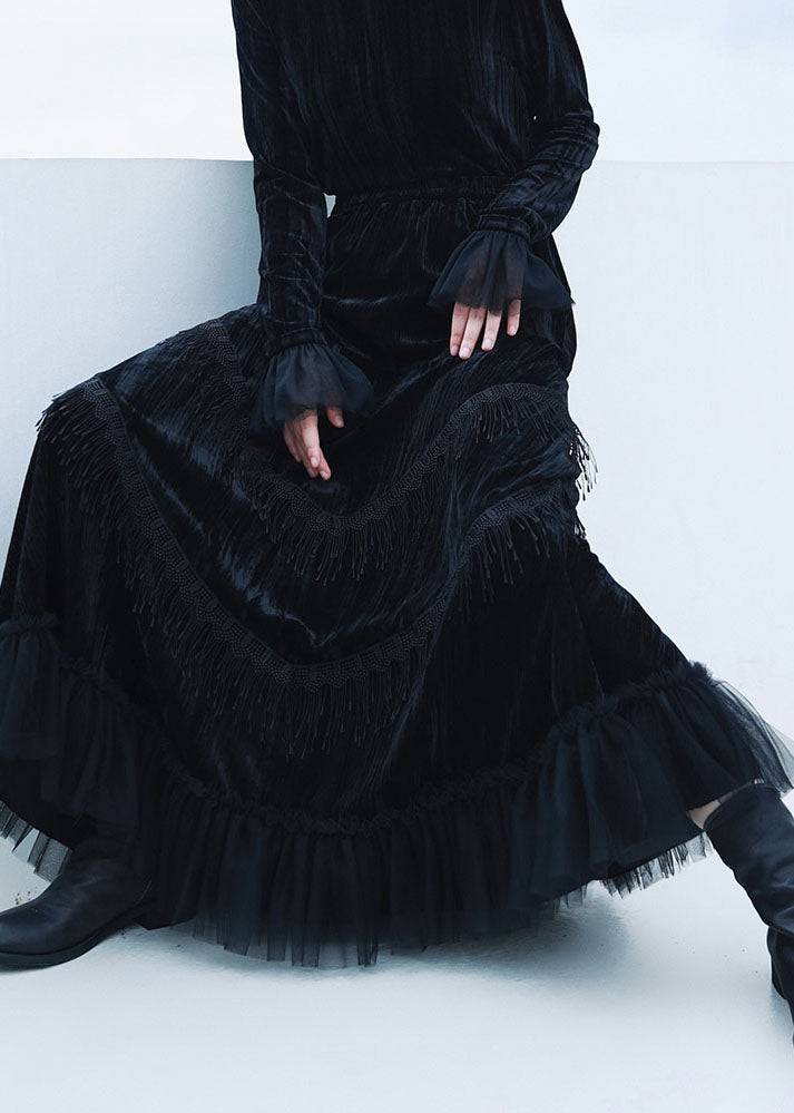 Vintage Black Patchwork Tulle Tasseled Velour Skirts Spring