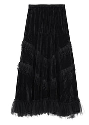 Vintage Black Patchwork Tulle Tasseled Velour Skirts Spring