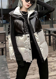 Vintage Black Patchwork White Pockets Bow Winter Sleeveless Puffer Vest