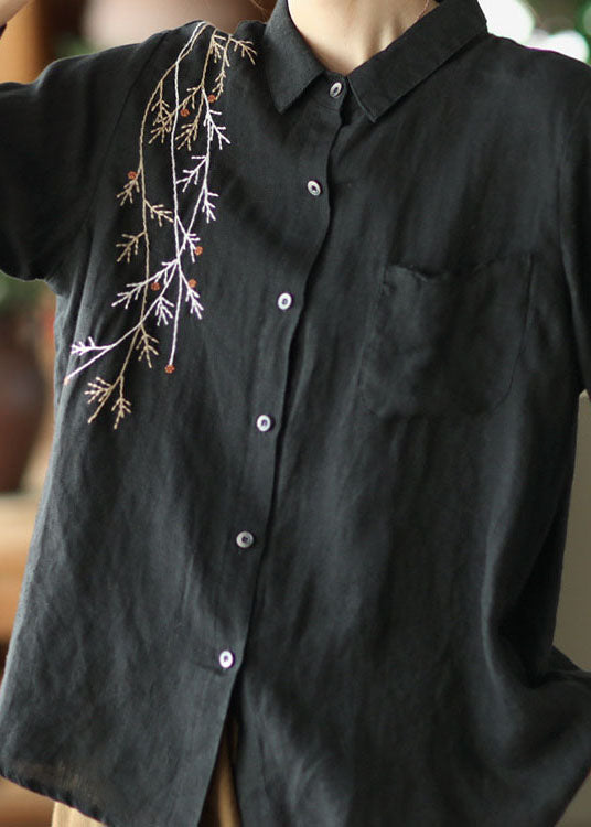 Vintage Black Peter Pan Collar Embroidered Linen Blouse Spring