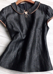 Vintage Black Peter Pan Collar Embroidered Silk Tops Summer