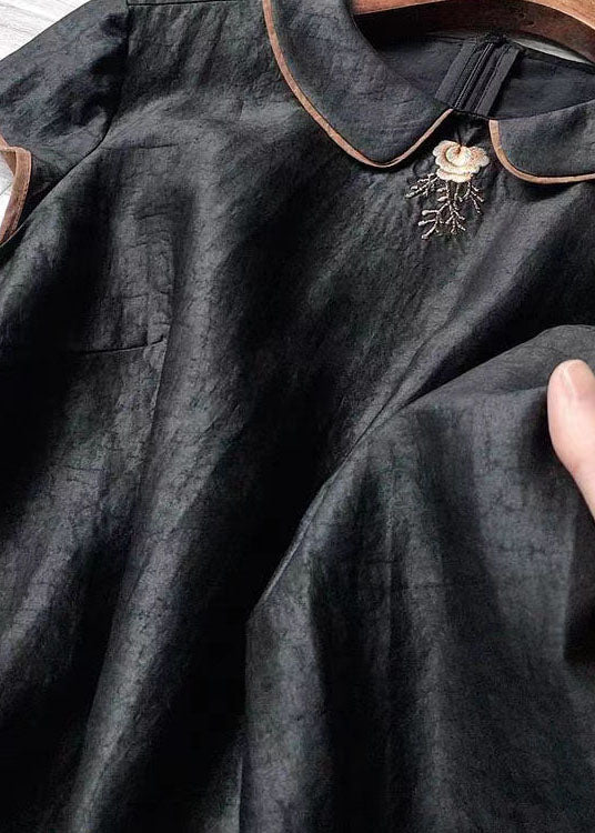 Vintage Black Peter Pan Collar Embroidered Silk Tops Summer