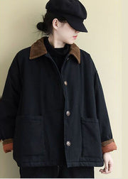 Vintage Black Peter Pan Collar Pockets Fine Cotton Filled Coats Winter